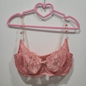 Victoria's Secret Womens Sz 36D Pink Vintage Floral Lace Clear Straps Bra Y2K